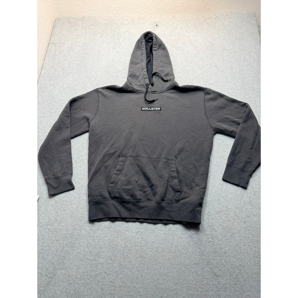 Hollister Mens Logo Patch Pullover Hoodie Faded Black Charcoal Gray XLarge